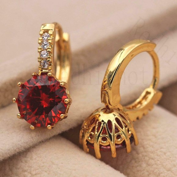 18K Gold Filled Hoop Round Red Ruby Topaz Gems CZ - Picture 4 of 6